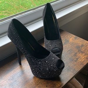 Rhinestoned mega platform peep toe heel